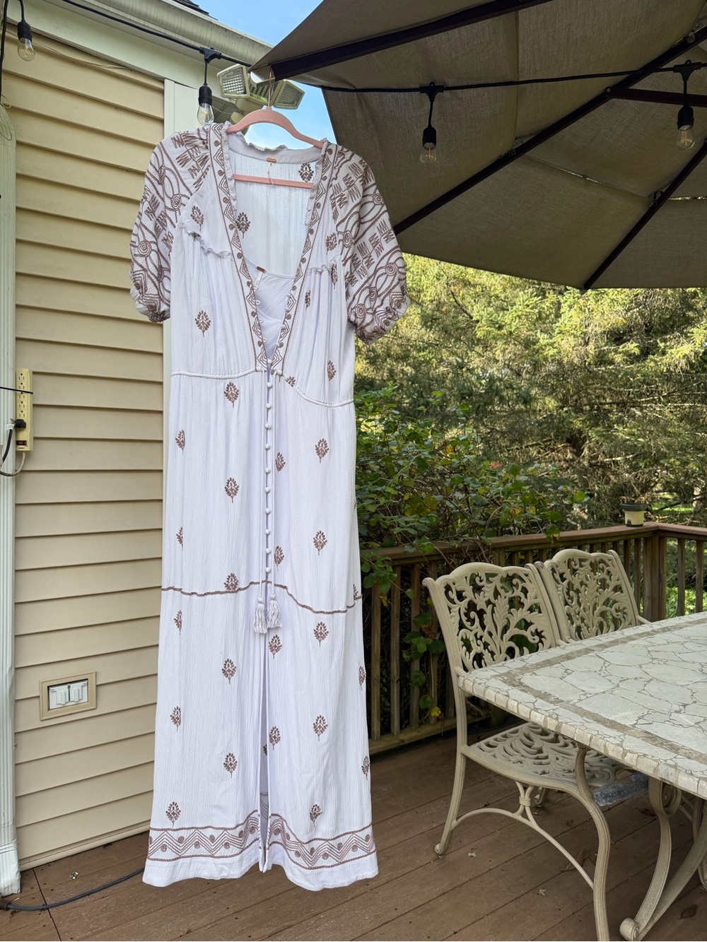 Free People Embroidered Button Front Maxi Dress White Taupe Size L